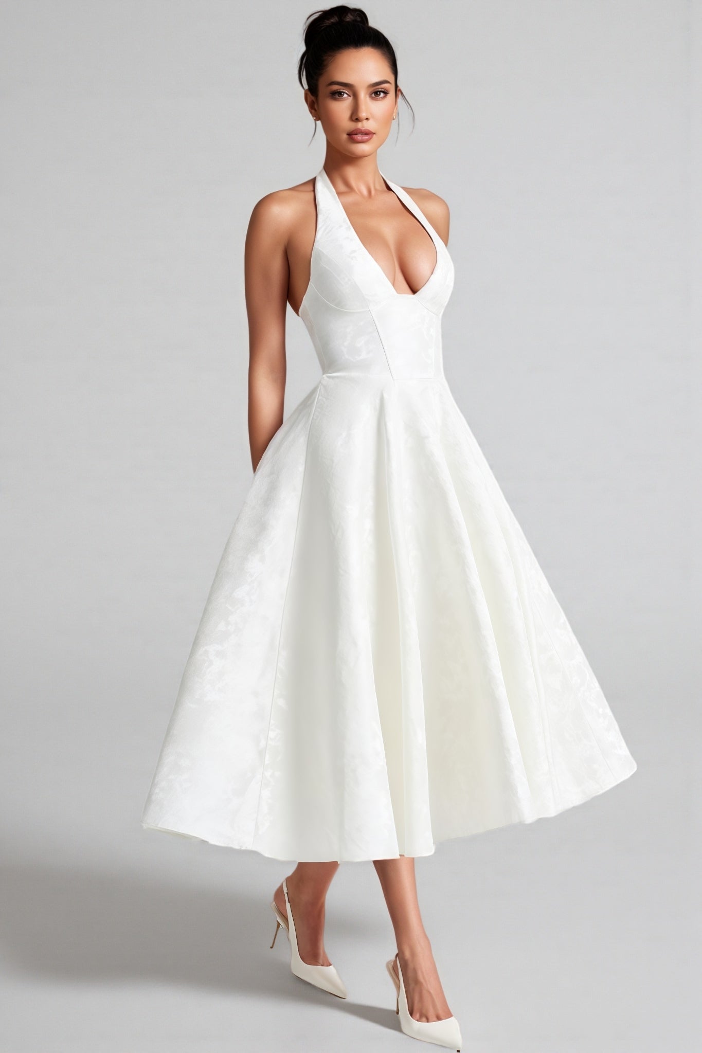 Effiy White Tie-Neck Midi Dress
