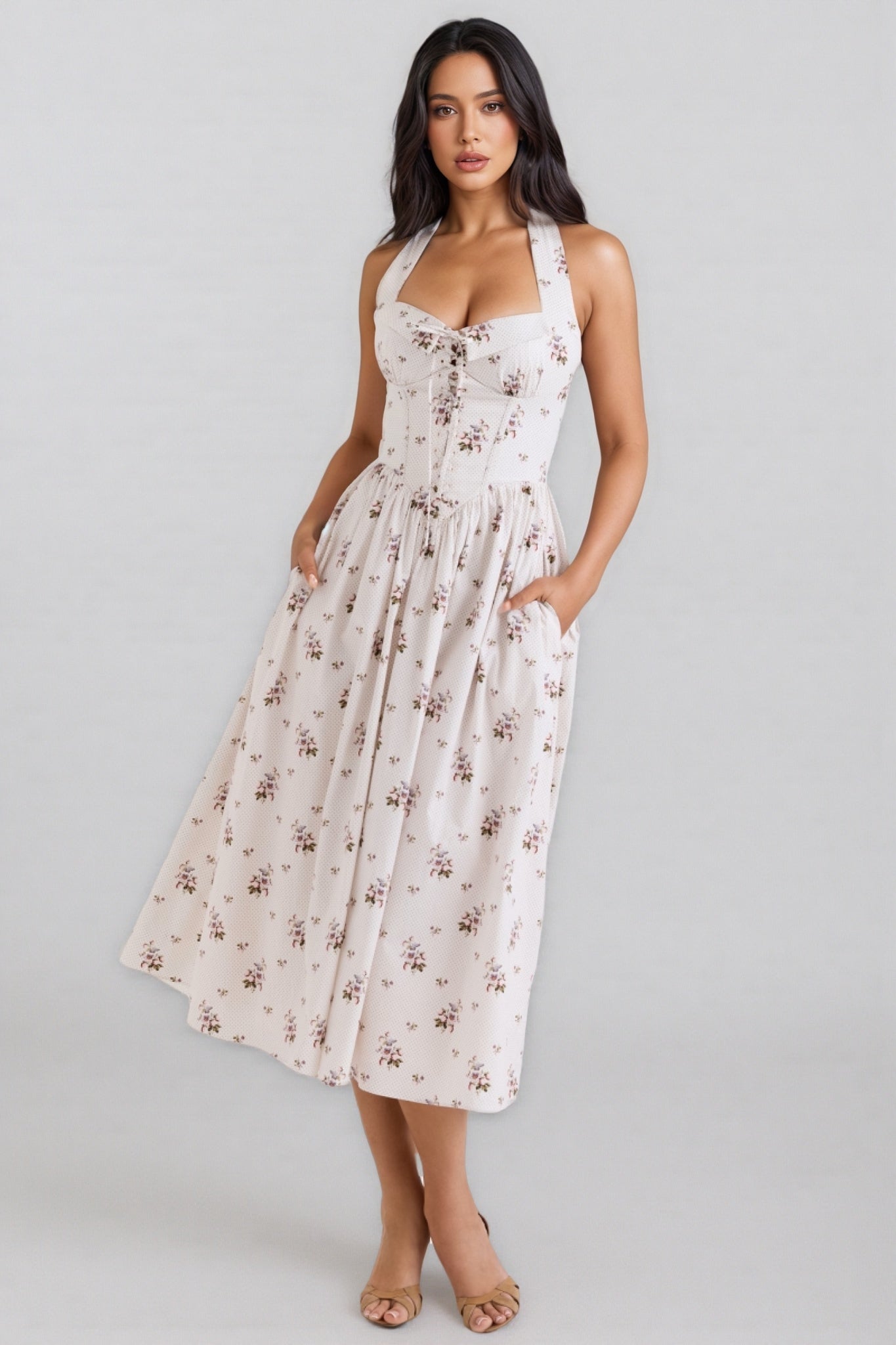 Zinnia Floral Print Stretch Cotton Halter Neck Midi Dress