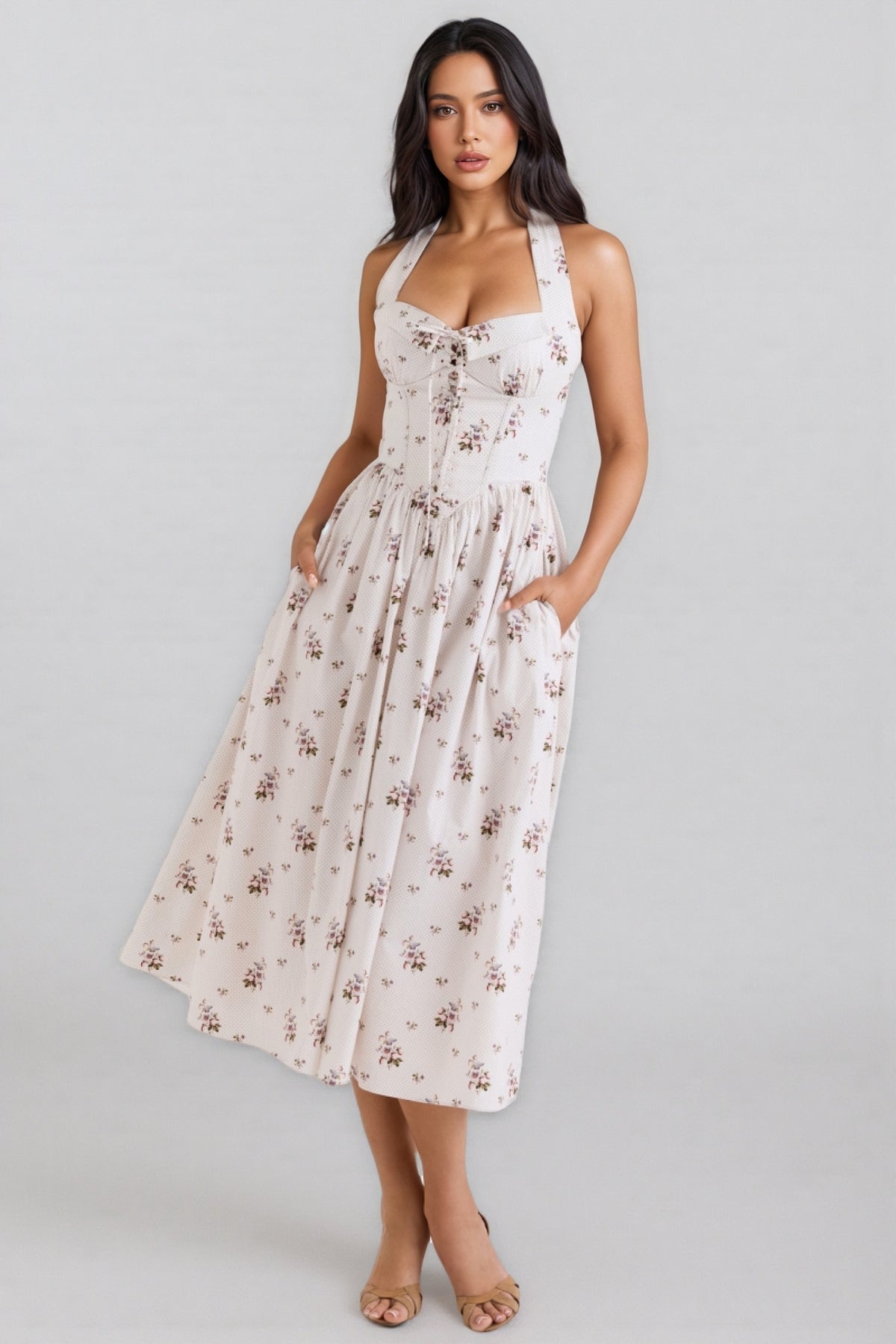 Zinnia Floral Print Stretch Cotton Halter Neck Midi Dress