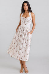 Zinnia Floral Print Stretch Cotton Halter Neck Midi Dress