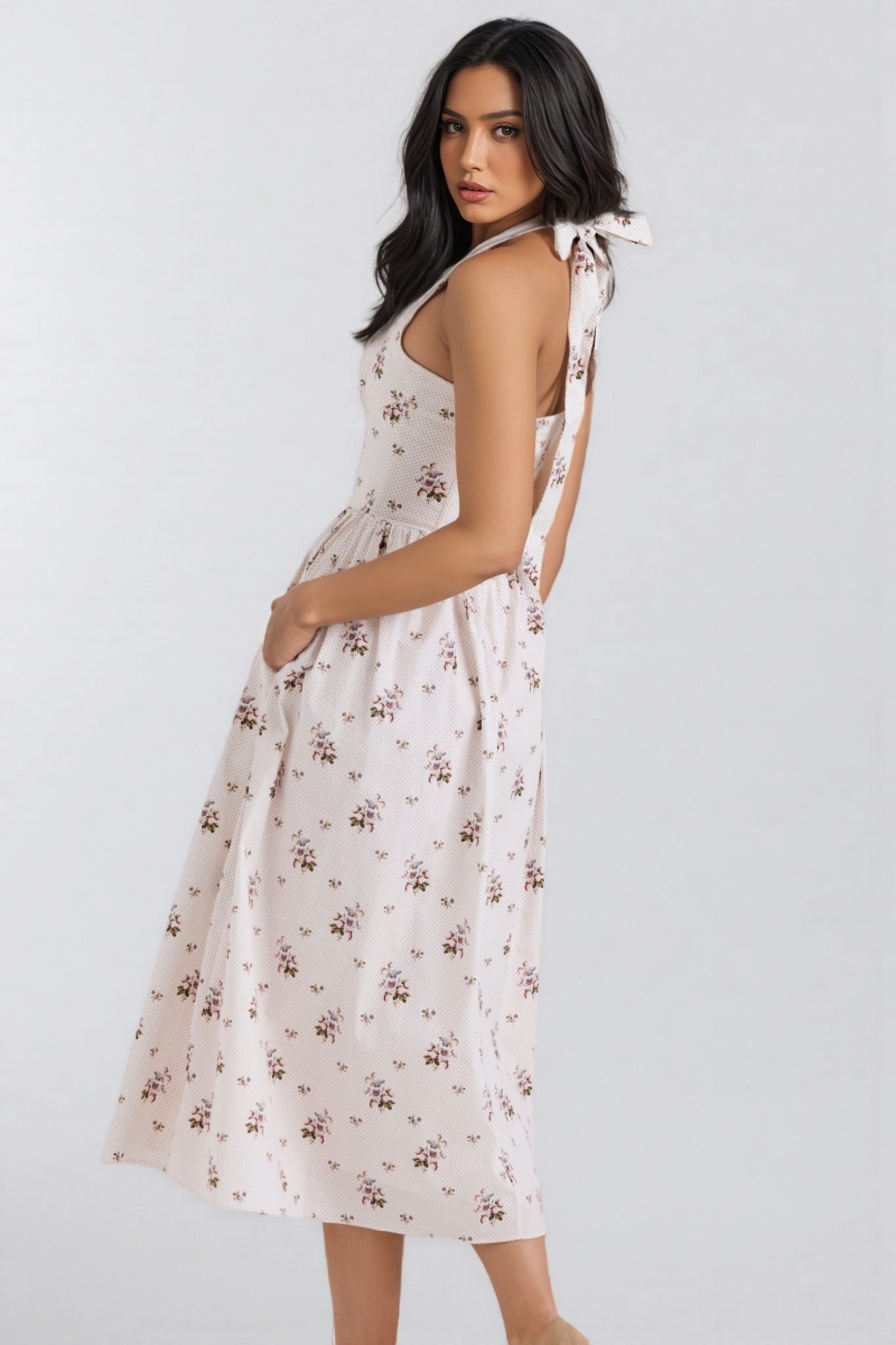 Zinnia Floral Print Stretch Cotton Halter Neck Midi Dress