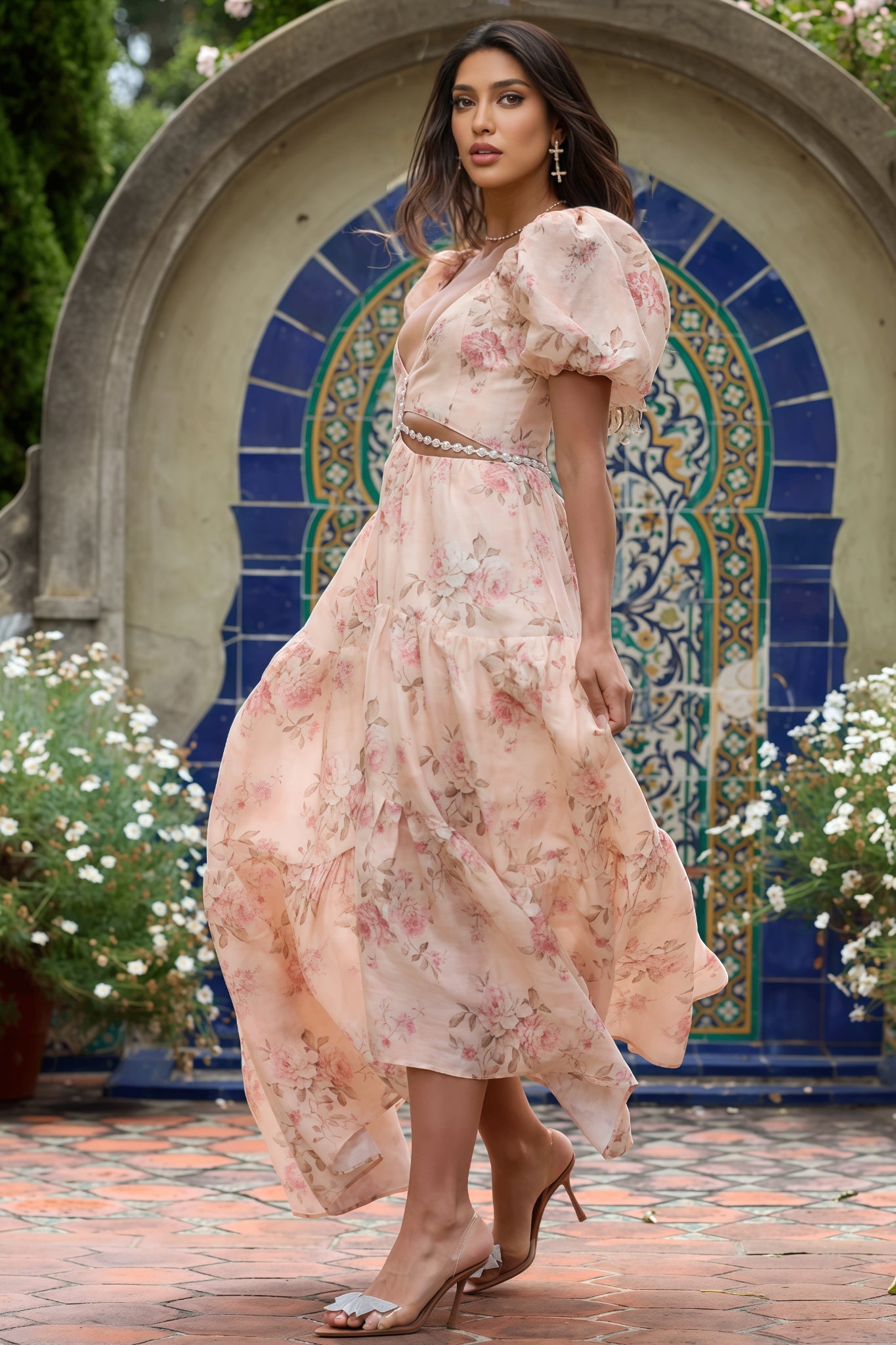 Orlana Printed High Split V-Neck Maxi Dress