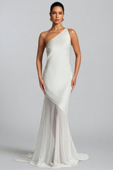Zoralt White Slanted Neckline Maxi Dress