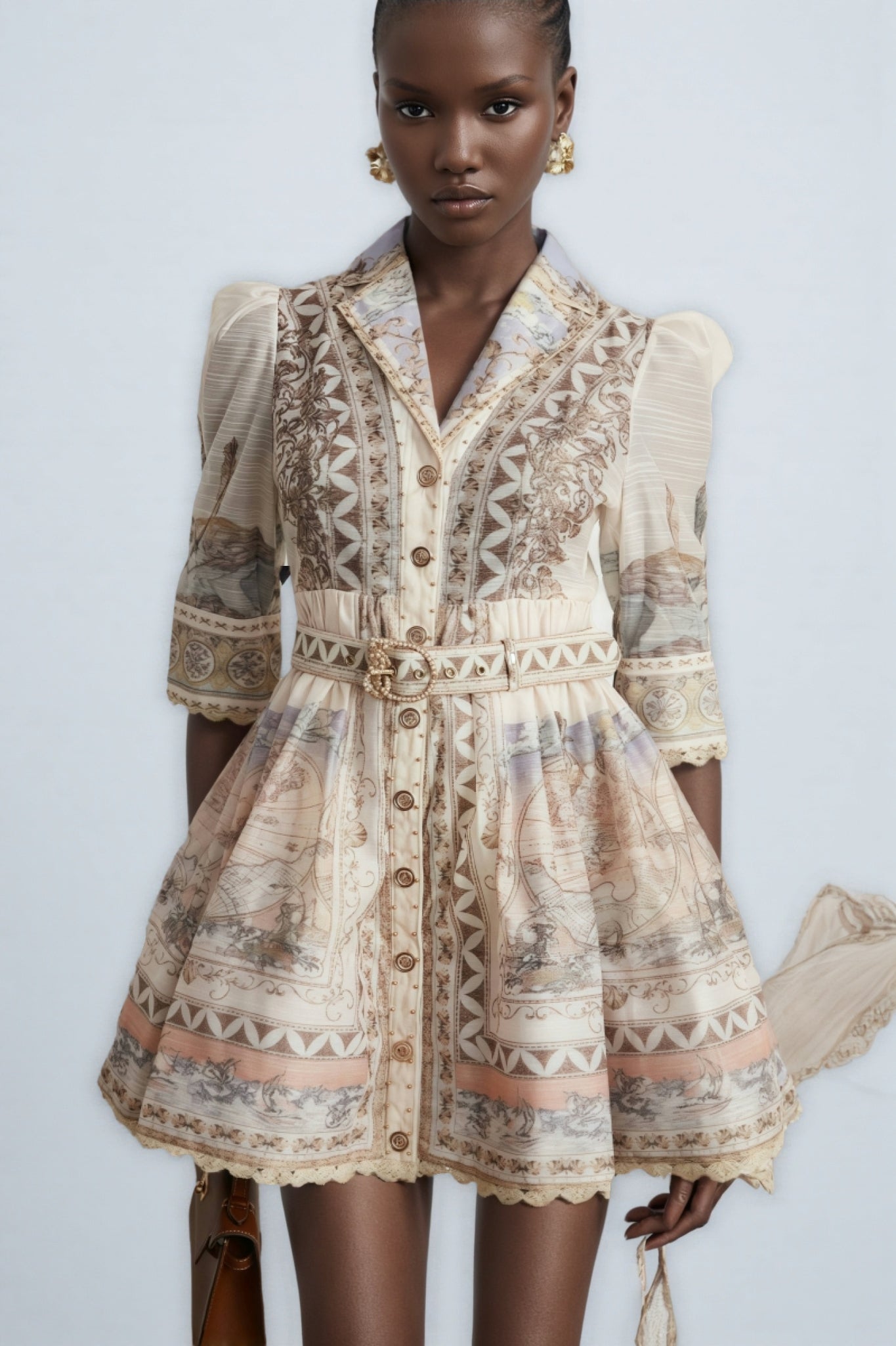 Wyetha Standing Neck Lantern Sleeve Mini Dress