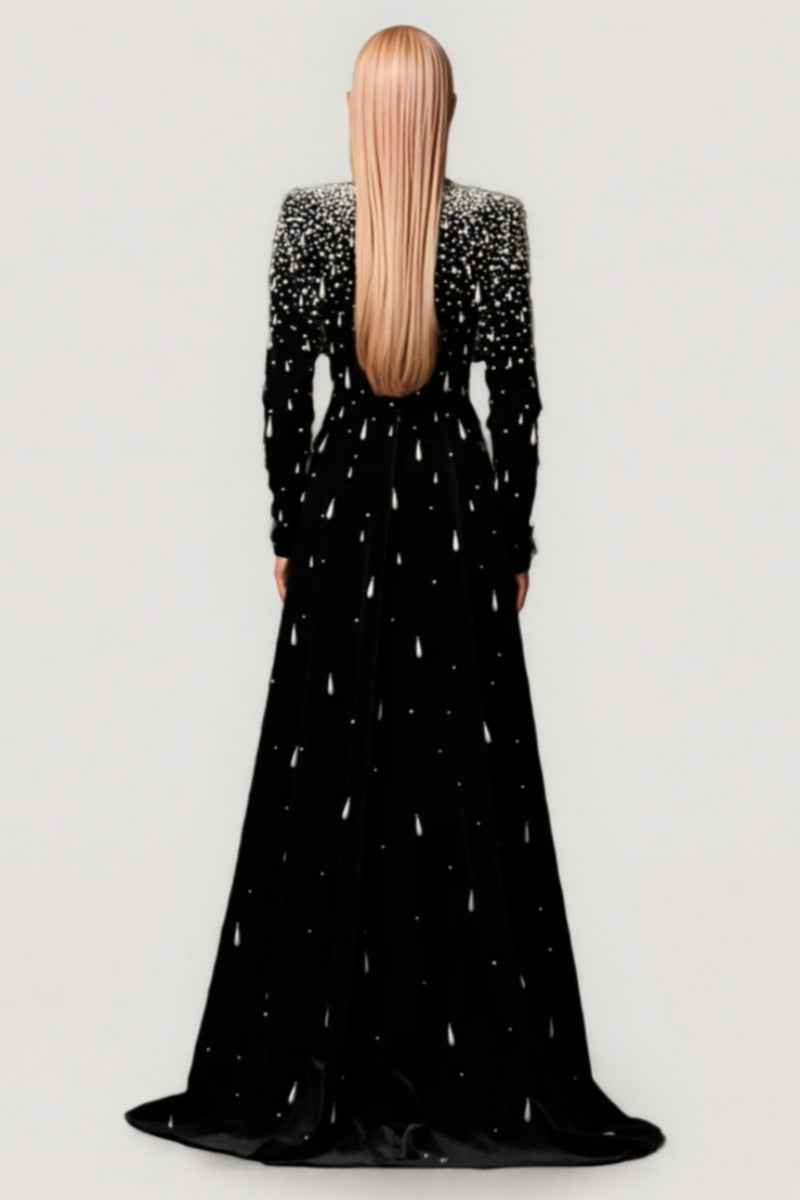 Junrty Black Pearl Beaded Maxi Dress