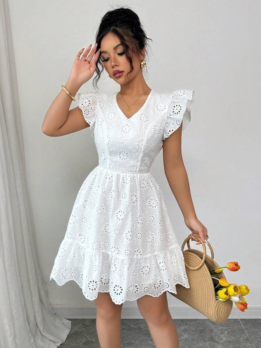 Jaretp V-neck Lace Embroidery Mini Dress
