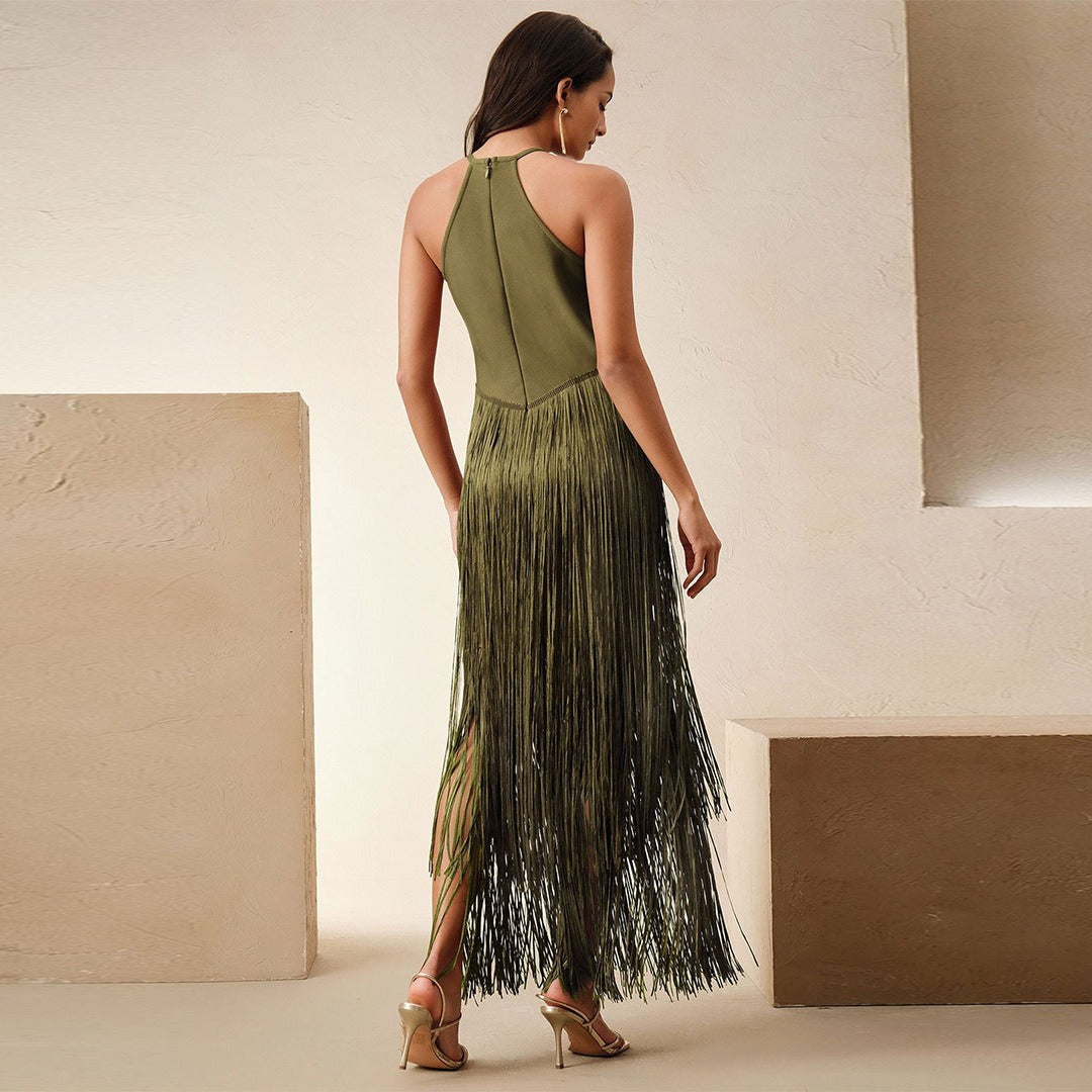 Quelr Halterneck Fringe Midi Dress