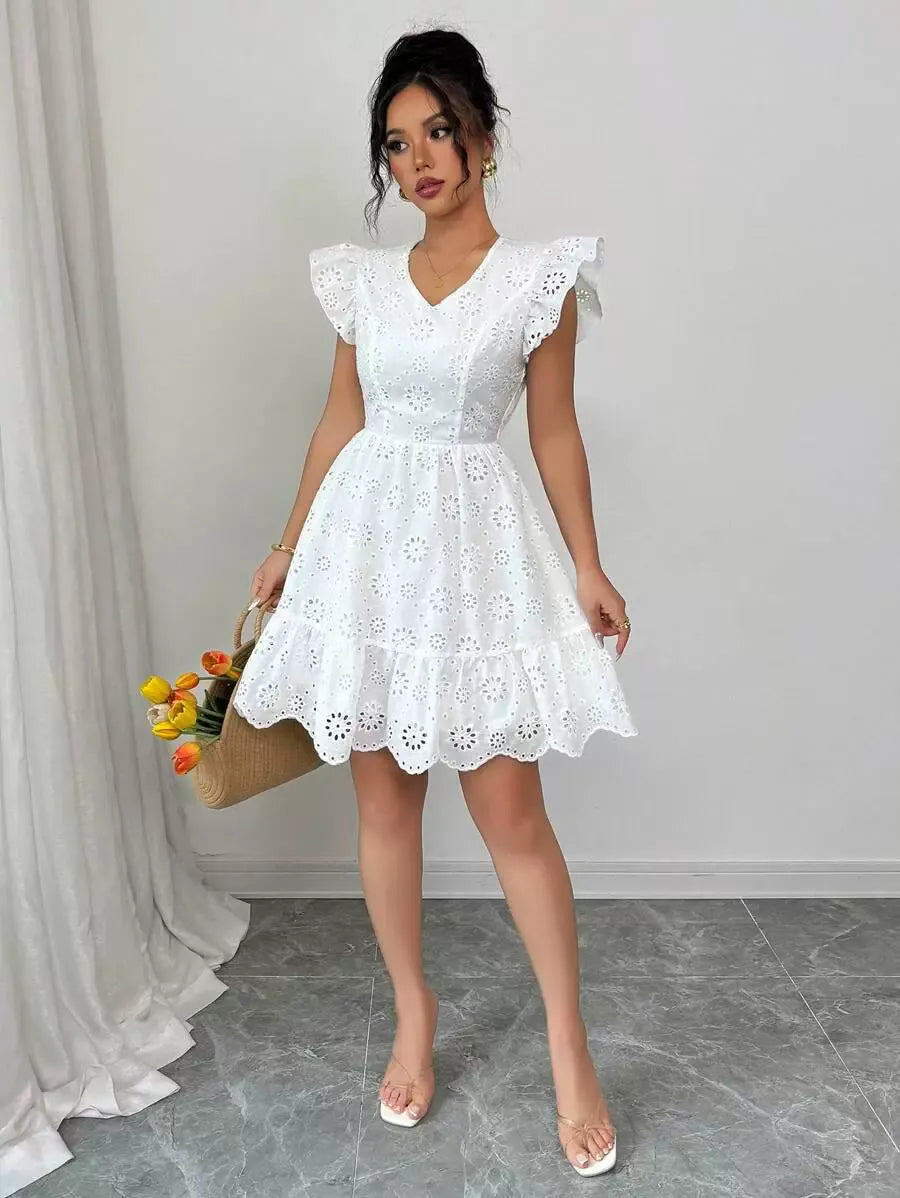 Jaretp V-neck Lace Embroidery Mini Dress