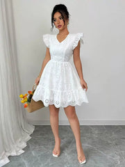 Jaretp V-neck Lace Embroidery Mini Dress