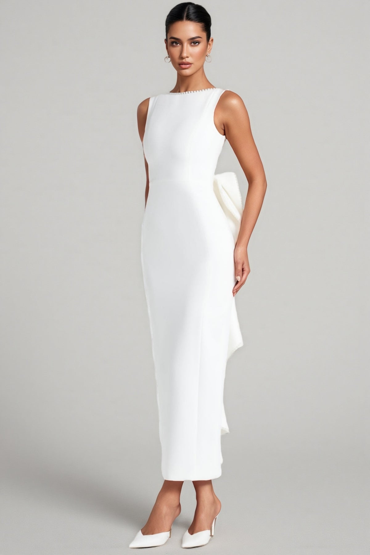 Jerres White Backless Pearl Ribbon Maxi Dress