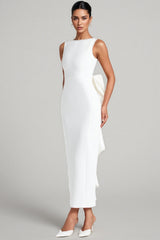 Jerres White Backless Pearl Ribbon Maxi Dress