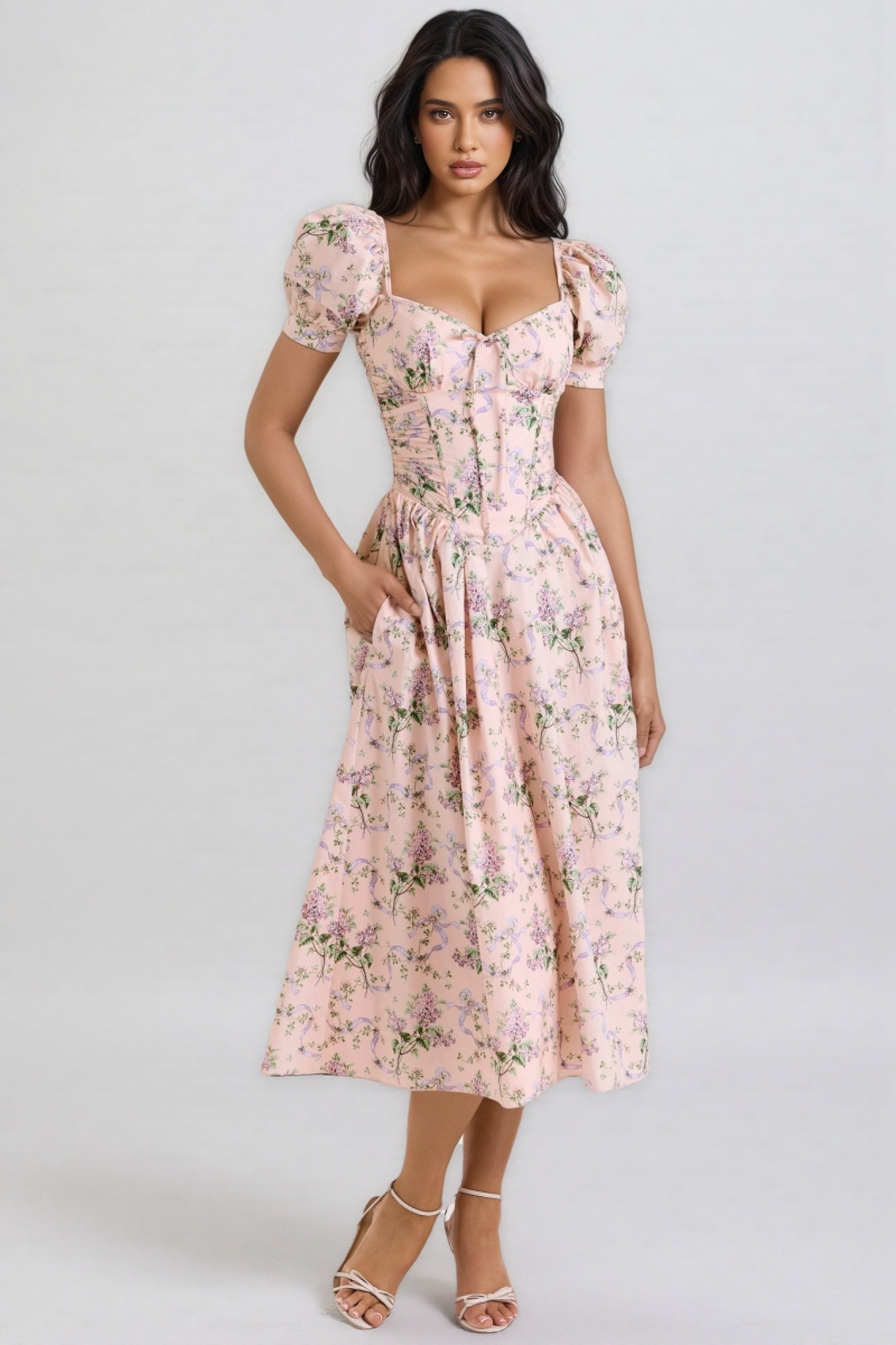 Darylt Pink Ribbon Print Cotton Midi Dress