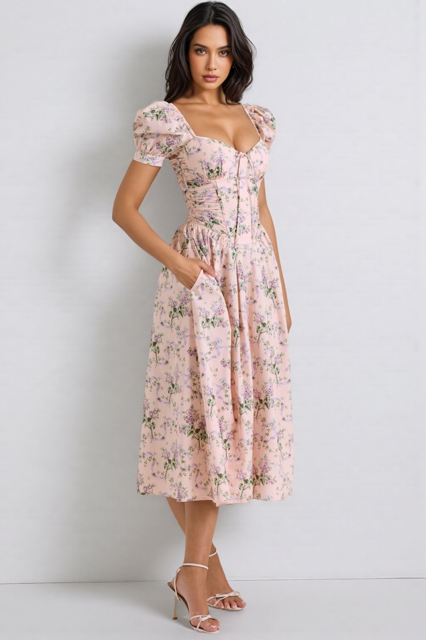 Darylt Pink Ribbon Print Cotton Midi Dress
