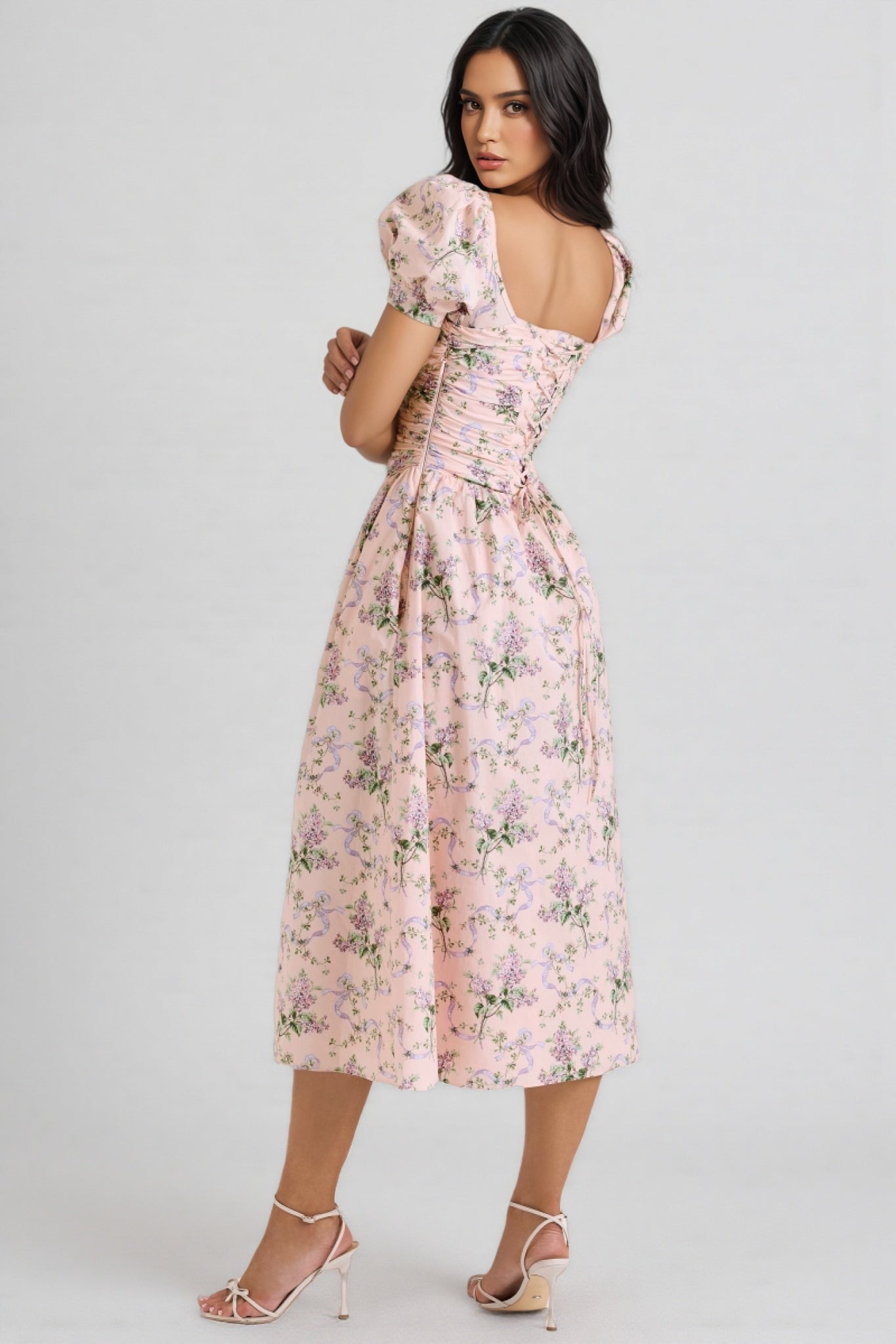 Darylt Pink Ribbon Print Cotton Midi Dress