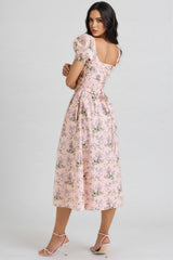 Darylt Pink Ribbon Print Cotton Midi Dress