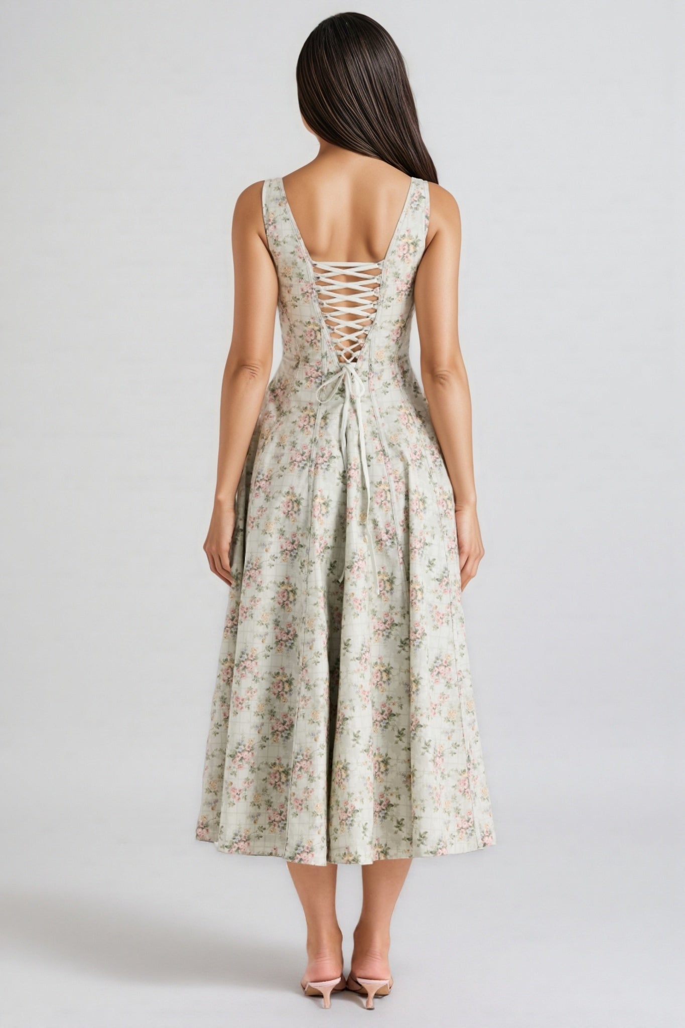 Yaralt Sage Floral Print Cotton Midi Dress