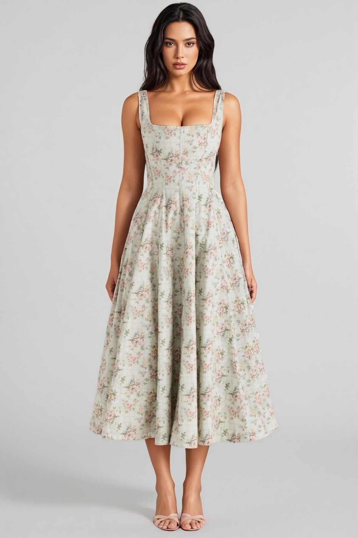 Yaralt Sage Floral Print Cotton Midi Dress