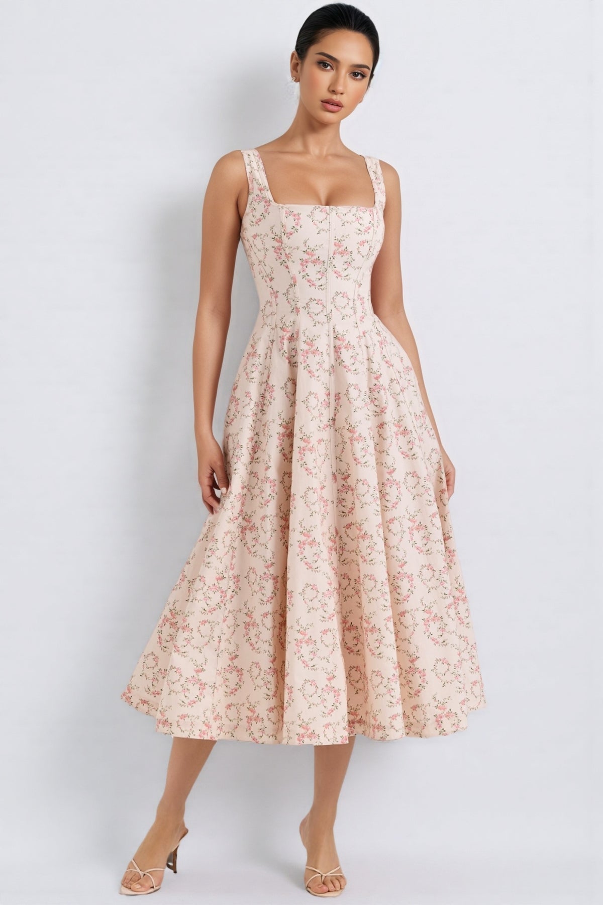 Valely Floral Print Cotton Midi Dress