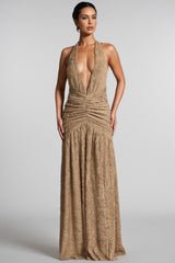 Secyij Khaki High-Slit Backless Maxi Dress