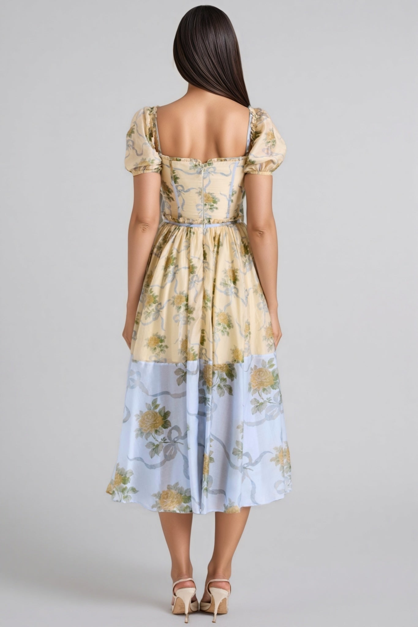 Elowen Yellow Vintage Rose Chiffon Midi Dress