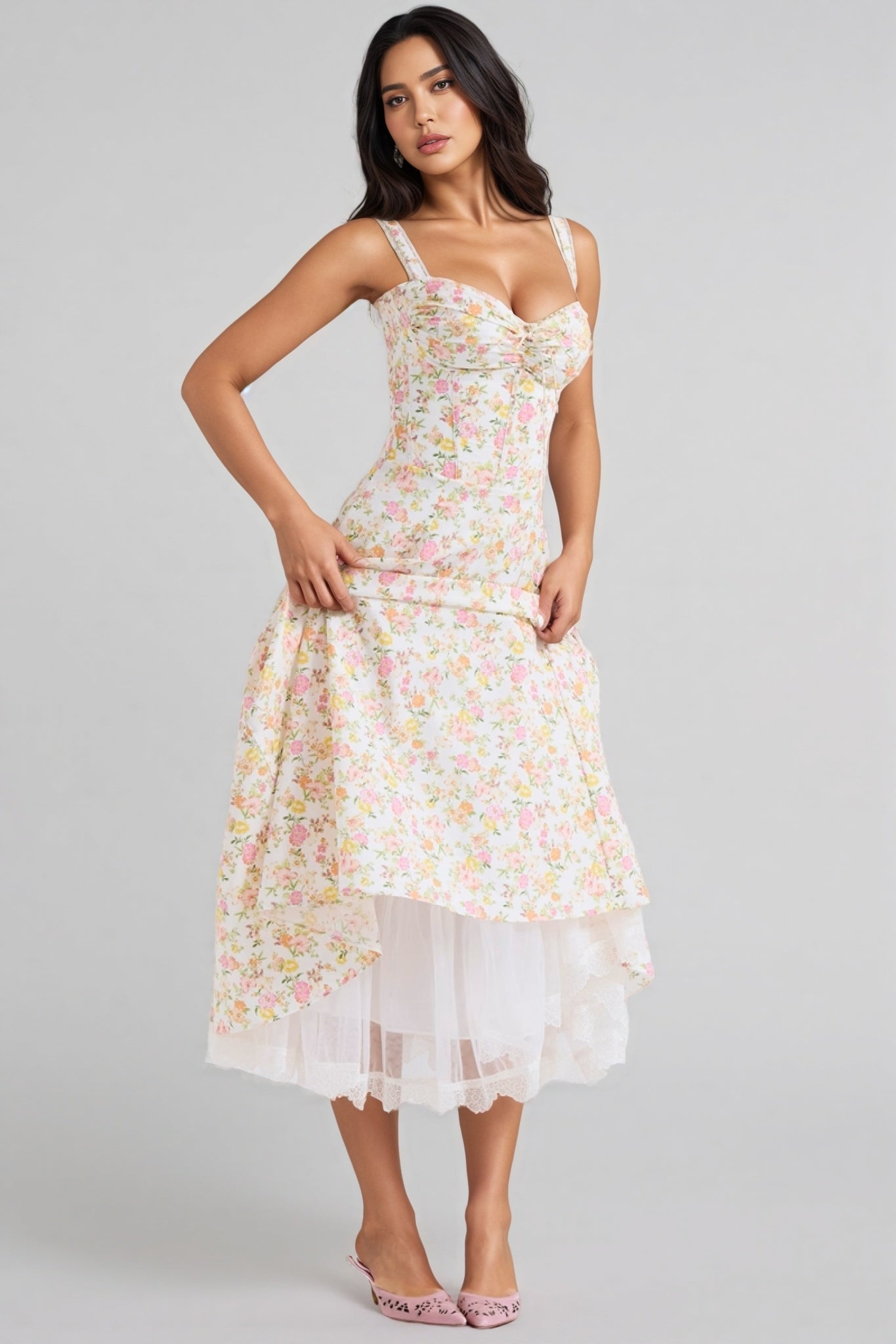 Larkt Meadow Floral Print Cotton Bustier Midi Dress