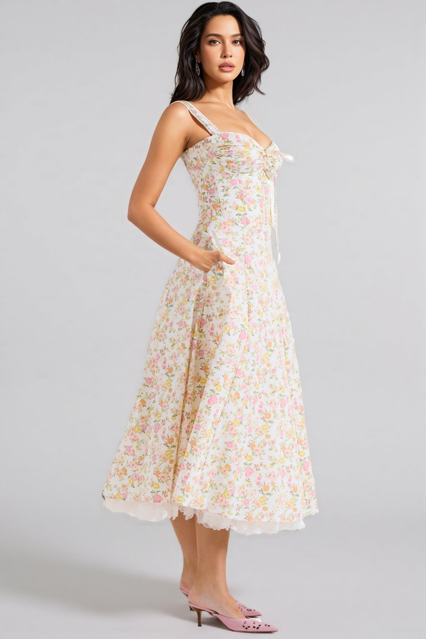 Larkt Meadow Floral Print Cotton Bustier Midi Dress