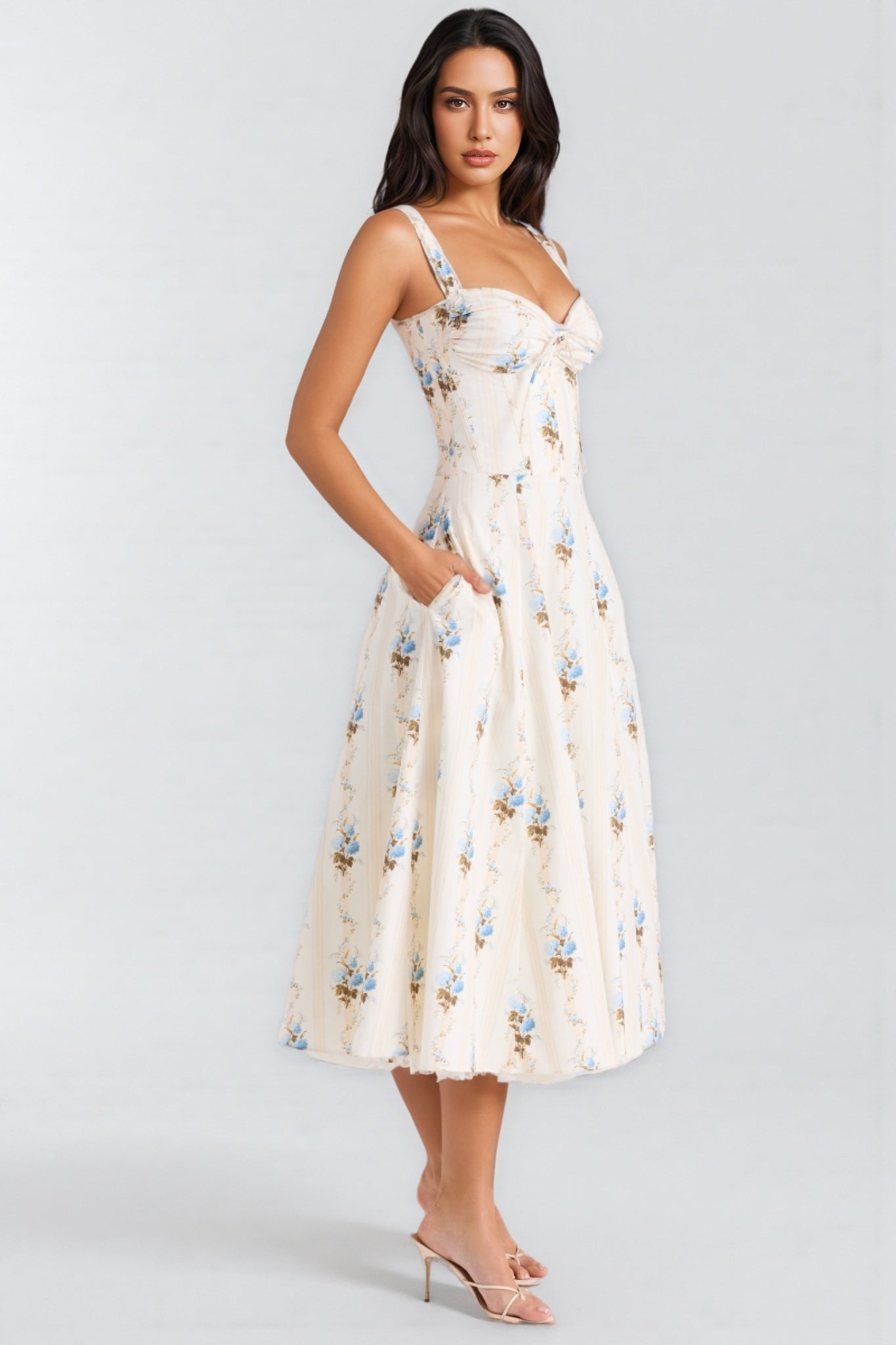 Ariaf Floral Print Cotton Corset Midi Dress