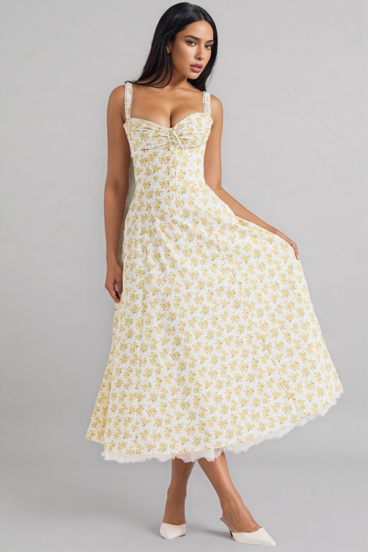 Emork White Vintage Floral Print Cotton Midi Dress