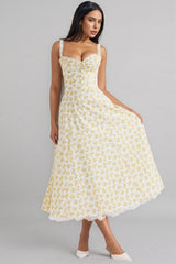 Emork White Vintage Floral Print Cotton Midi Dress