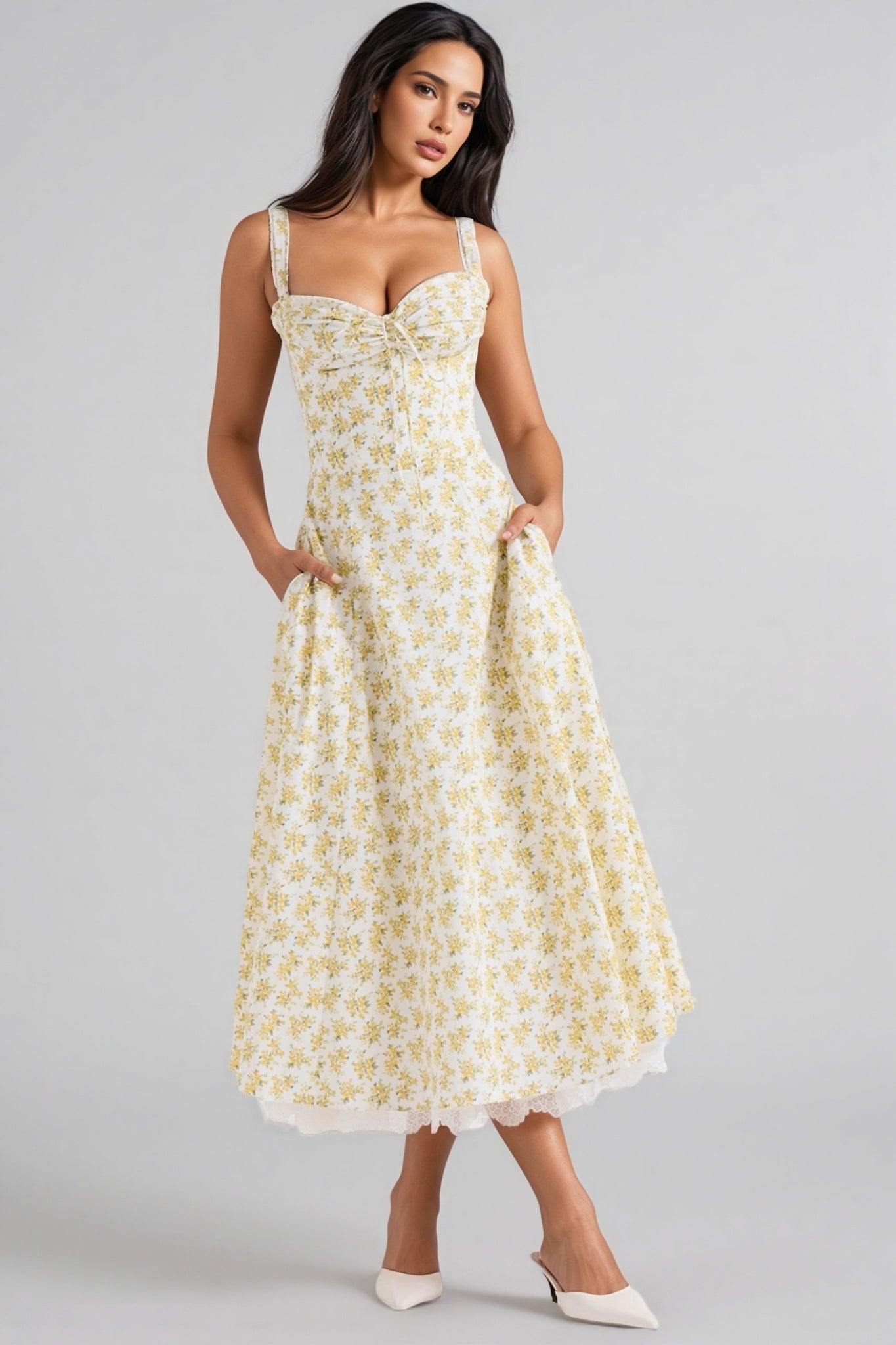 Emork White Vintage Floral Print Cotton Midi Dress