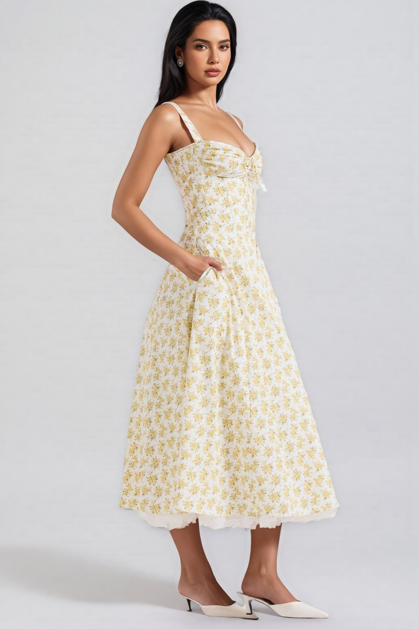 Emork White Vintage Floral Print Cotton Midi Dress