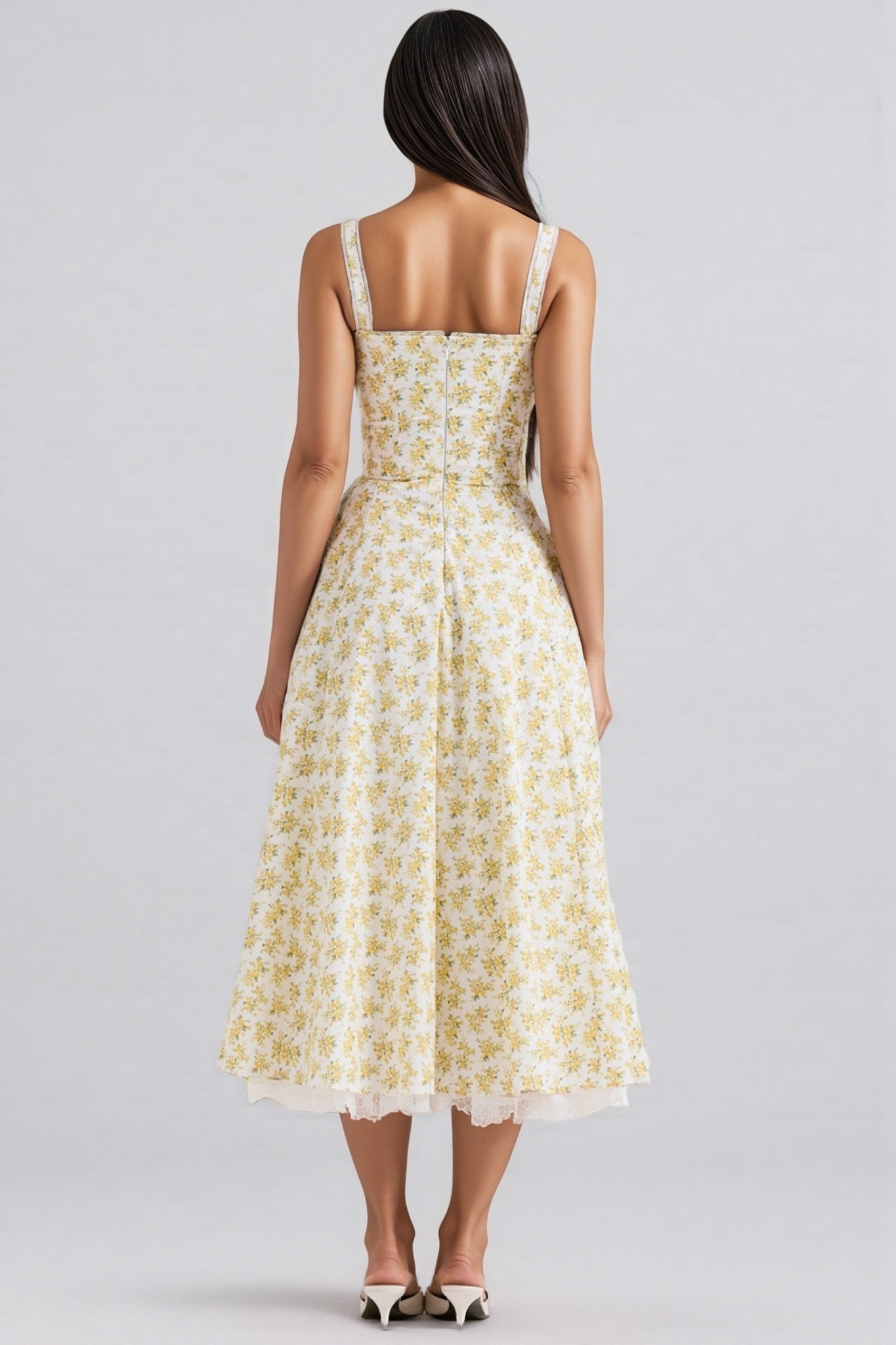 Emork White Vintage Floral Print Cotton Midi Dress