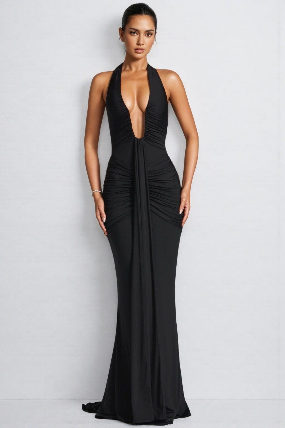 Patricia Black Deep V-Neck Backless Maxi Dress