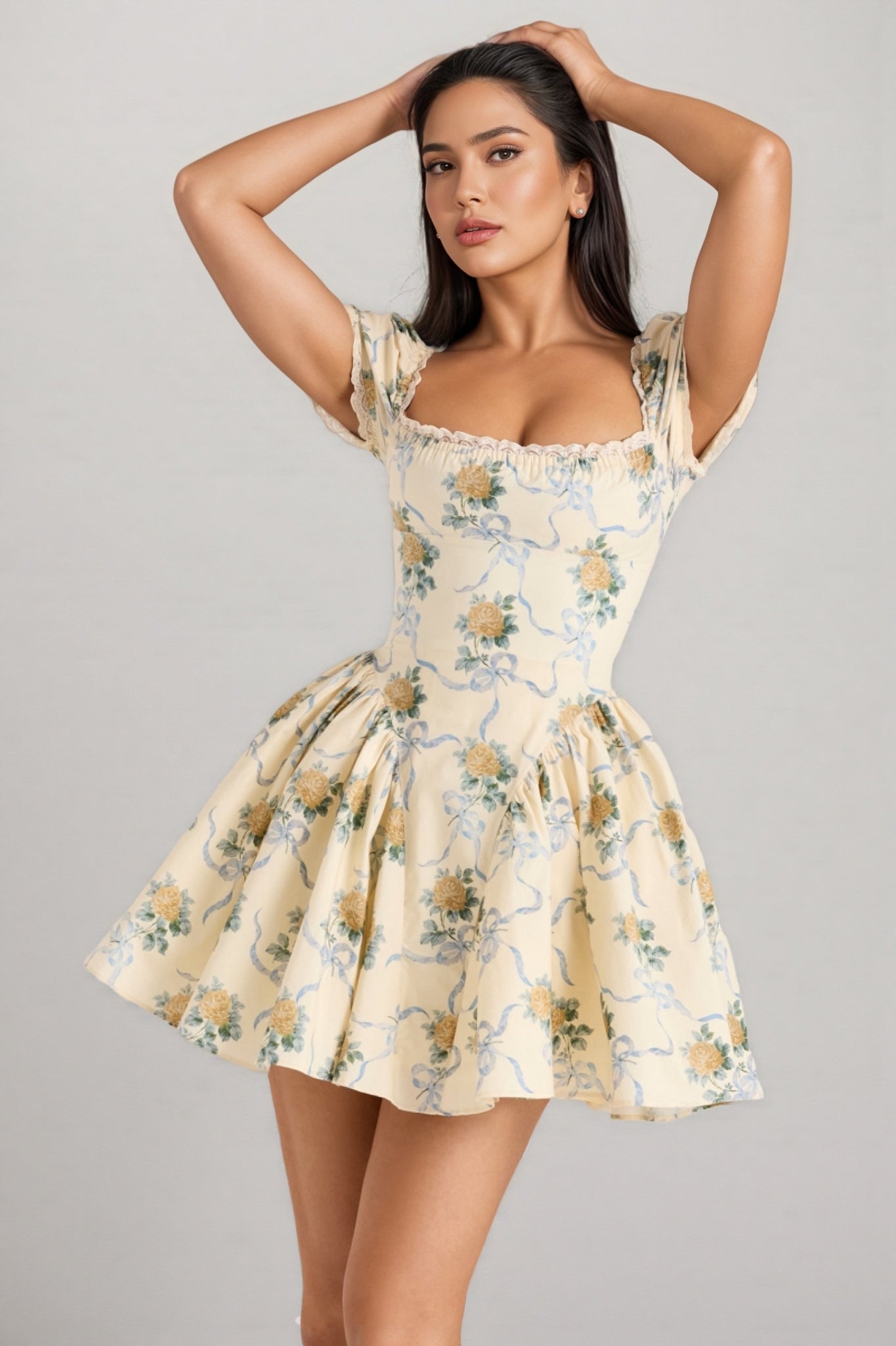 Damarl Lemon Rose Print Cotton Mini Dress