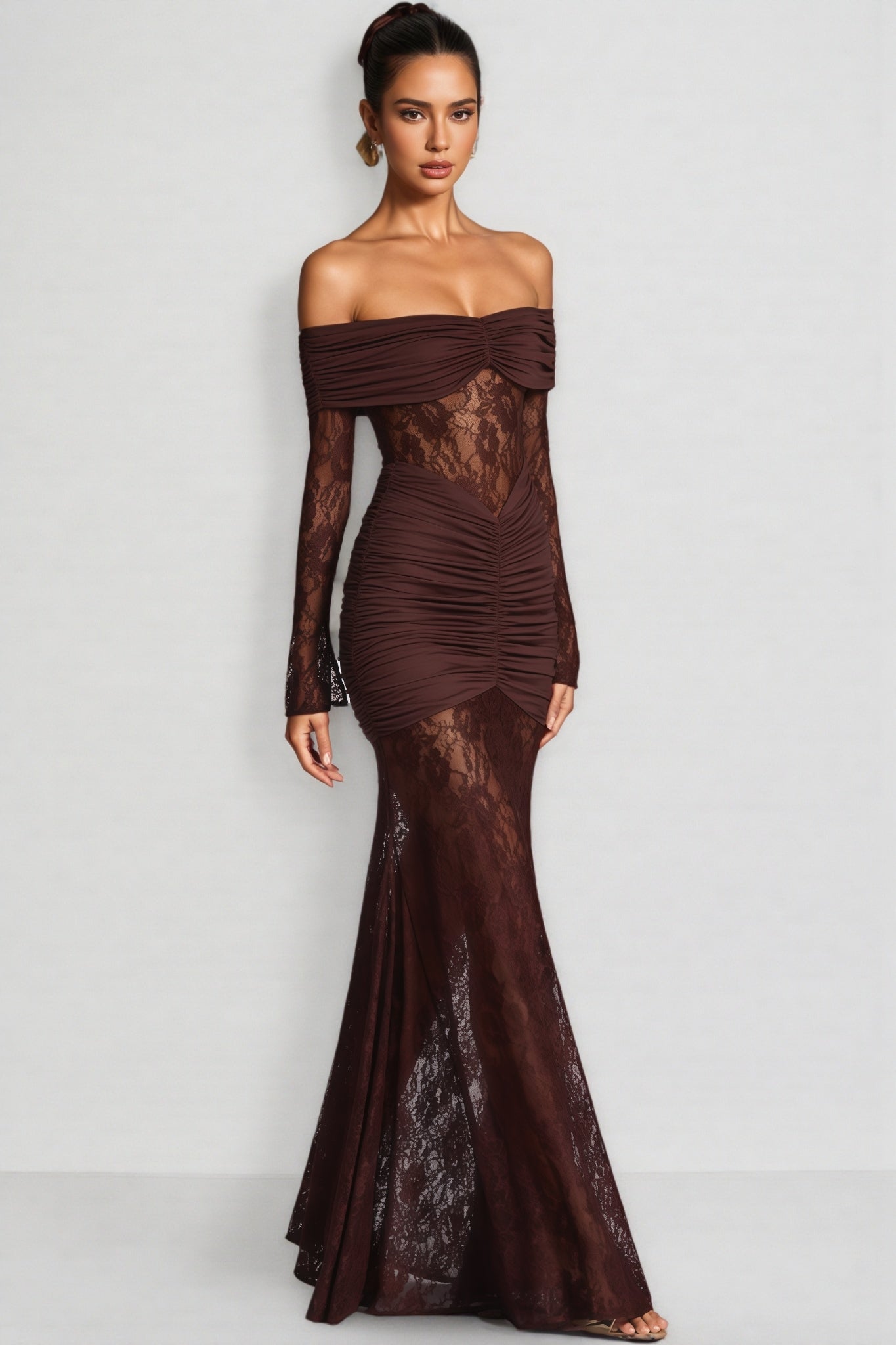 Velally Brown Lace Cut-Out Fishtail Maxi Dress