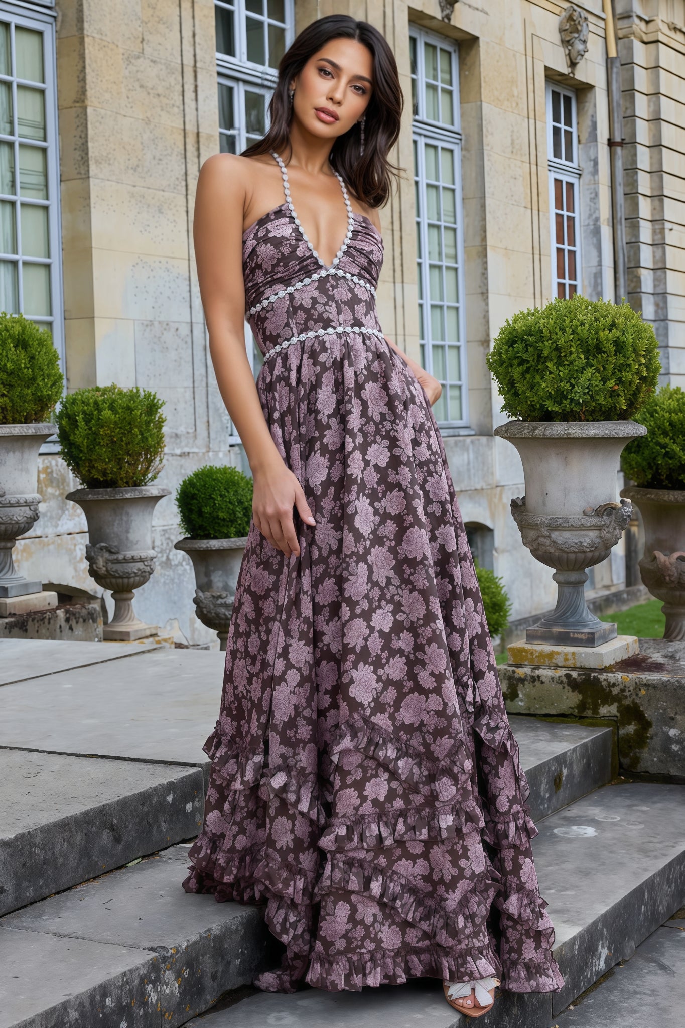 Winont Printed Sleeveless Beaded Maxi Dress