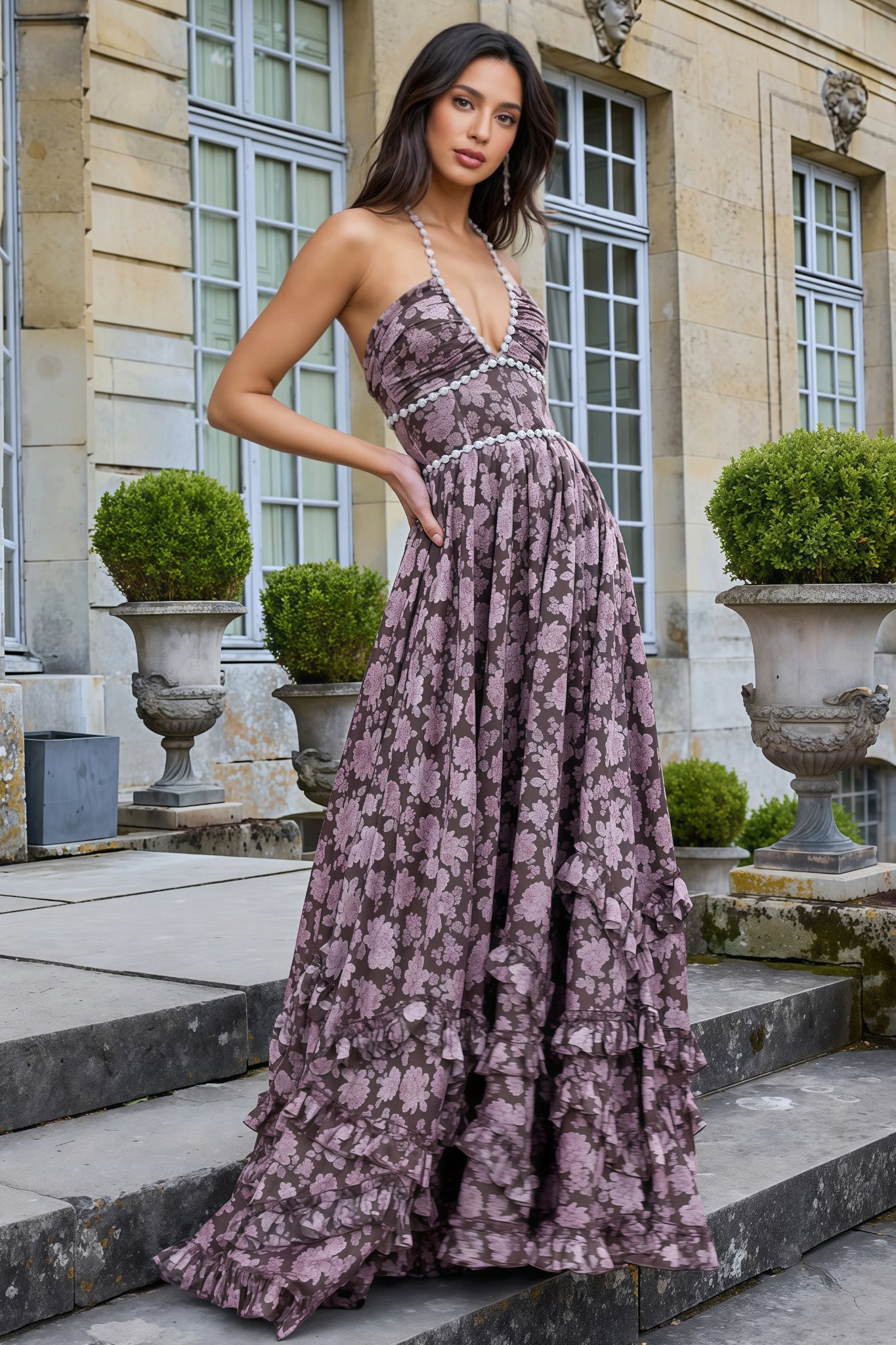 Winont Printed Sleeveless Beaded Maxi Dress