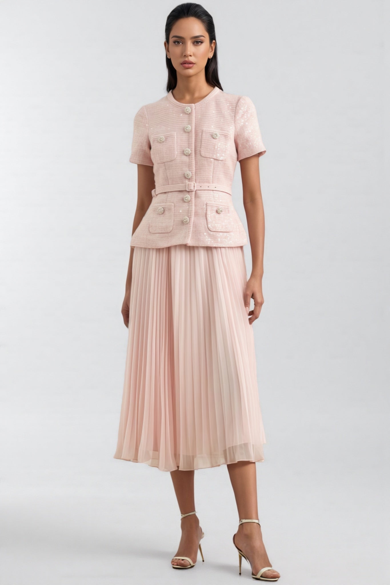 Andrea Pink Boucle Belted Midi Dress Set