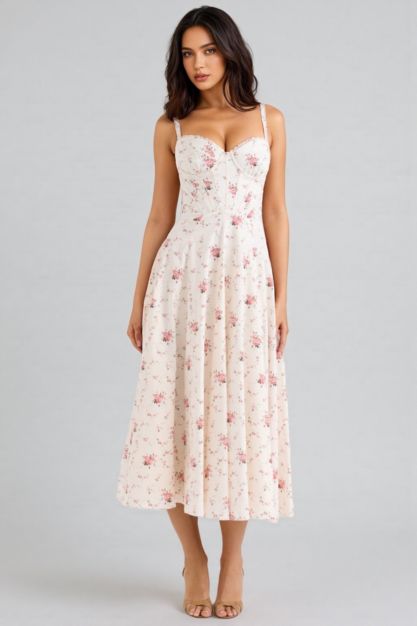 Thora White Stretch Cotton Rose Print Midi Dress
