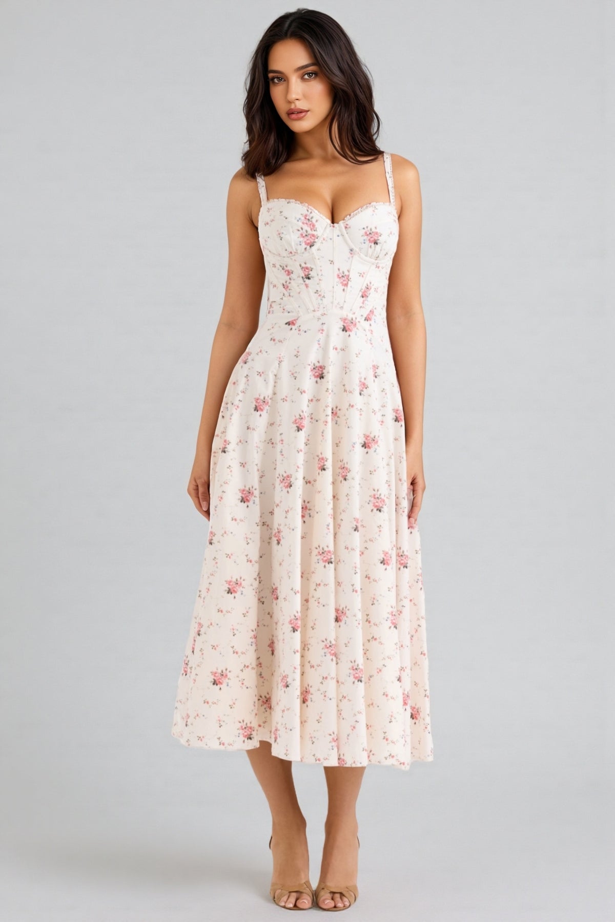 Thora White Stretch Cotton Rose Print Midi Dress