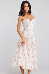 Thora White Stretch Cotton Rose Print Midi Dress