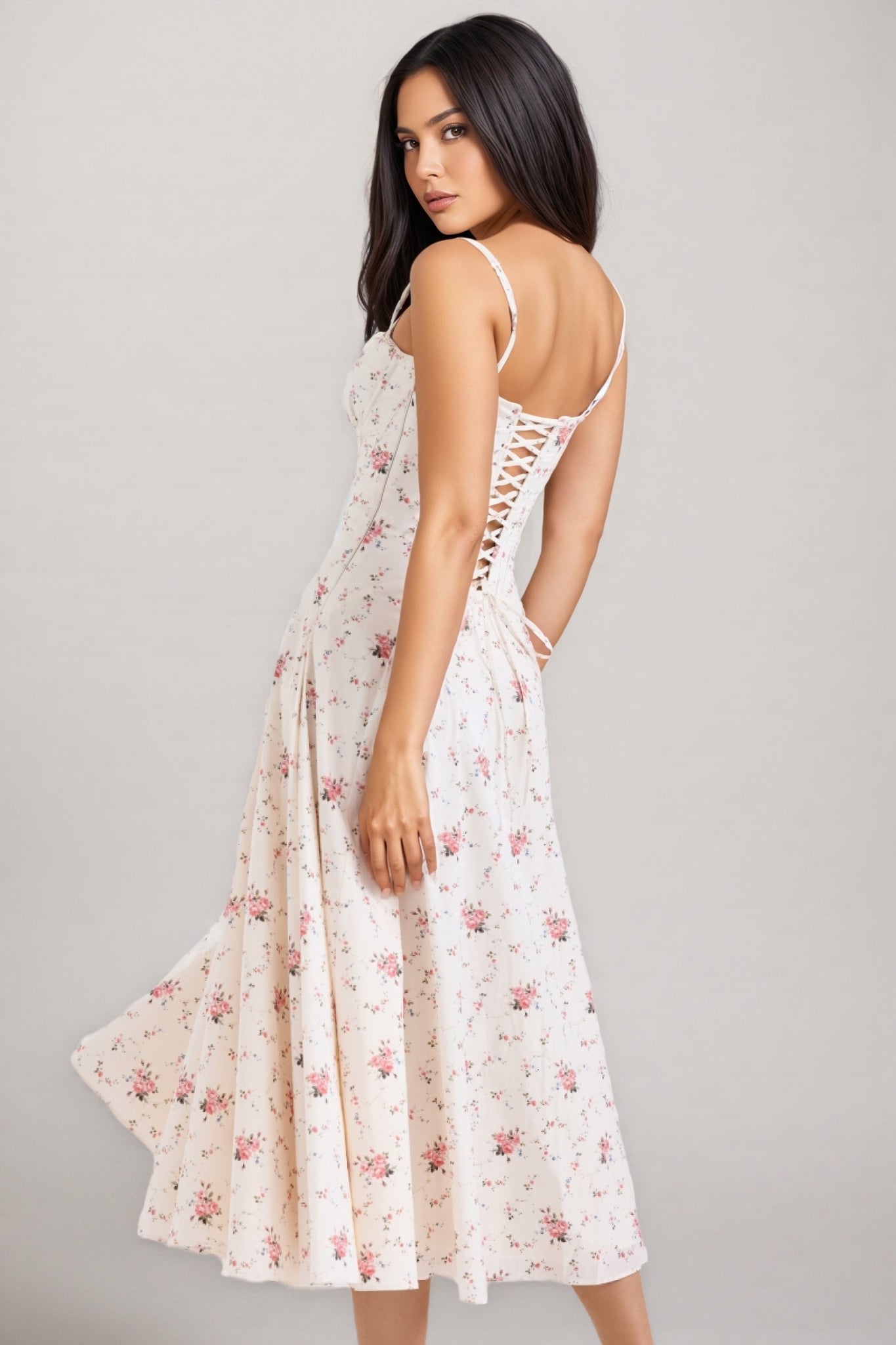 Thora White Stretch Cotton Rose Print Midi Dress
