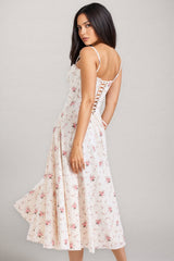 Thora White Stretch Cotton Rose Print Midi Dress