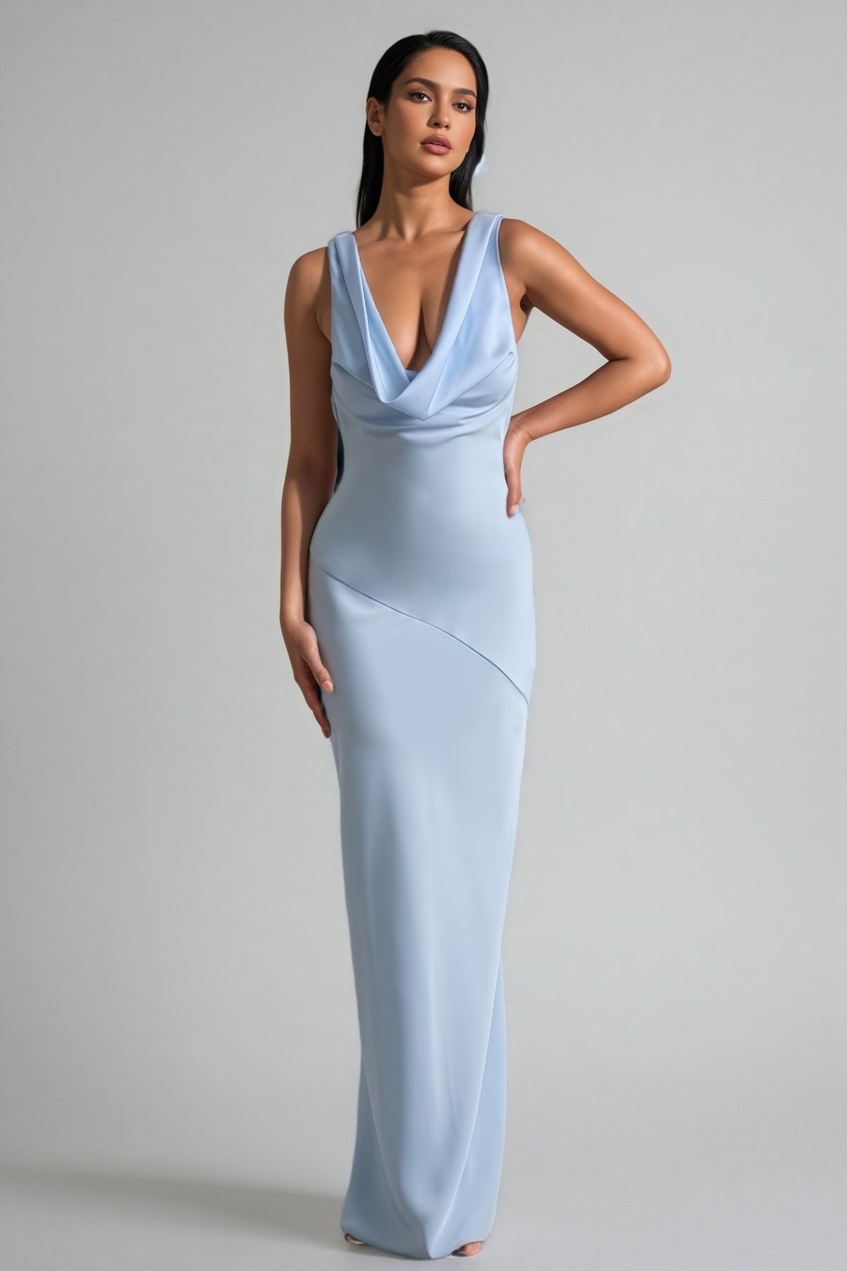 Kylat Powder Blue Satin Cowl-Neck Maxi Dress