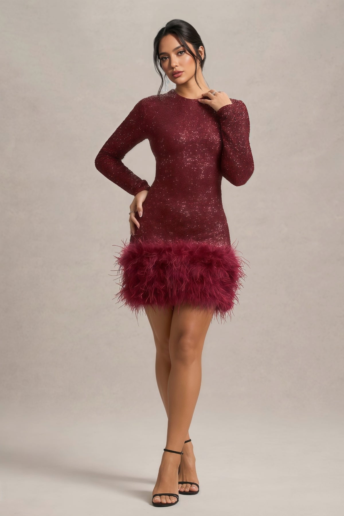 Kuka Red Sequin Feather Mini Dress