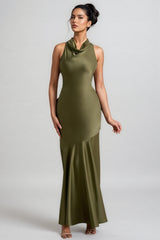 Elaray Green Satin Cowl-Neck Maxi Dress