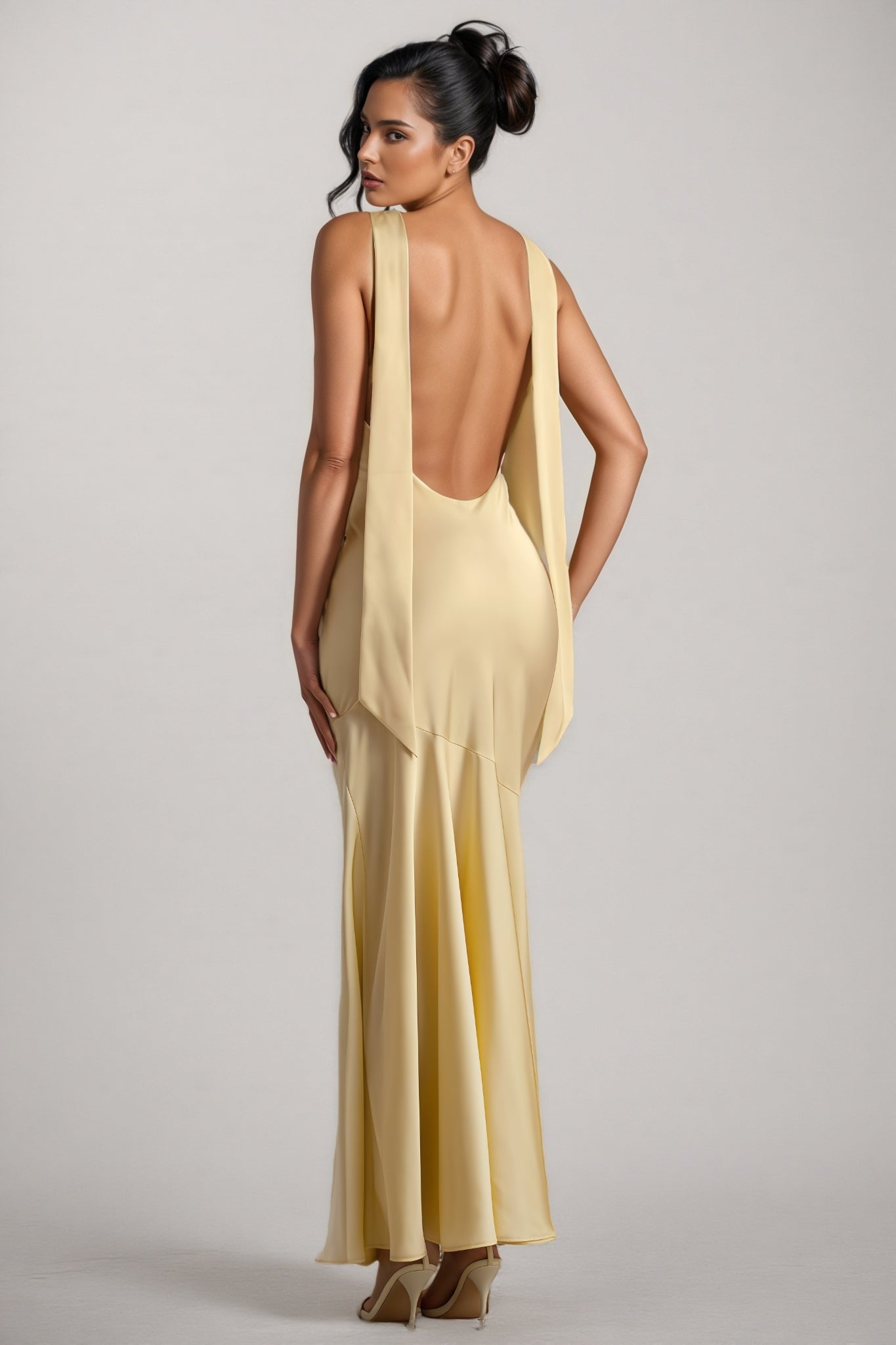 Azurao Yellow Satin Cowl-Neck Maxi Dress