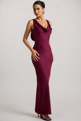 Yararl Burgundy Satin Cowl-Neck Maxi Dress