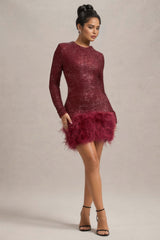 Kuka Red Sequin Feather Mini Dress