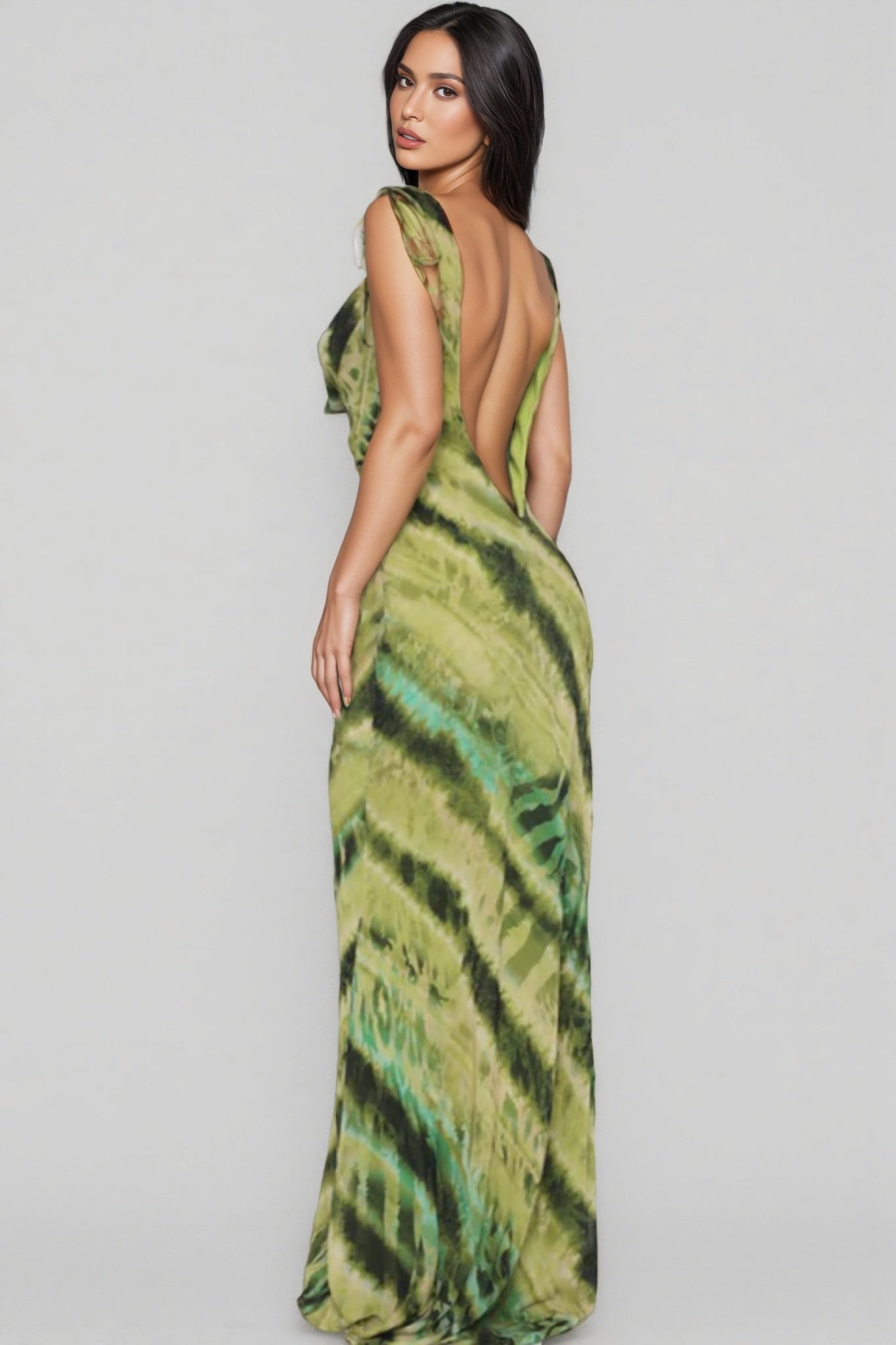 Erika Green Print Deep V Backless Maxi Dress